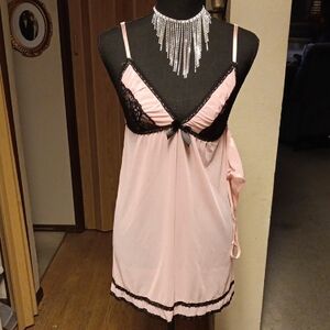 Spree Mesh Pink And Black Lace Trim Sexy Nighty And Thong